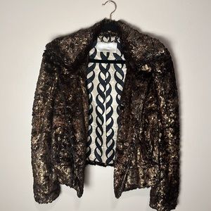 Leifsdottir Anthropologie Bronze Black Faux Fur Metallic Button Up Coat